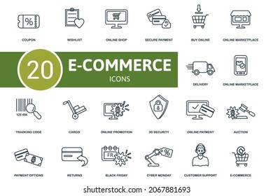 Conjunto de iconos de E-Commerce. Colección de elementos simples como el cupón, lista de deseos, tienda online, aplicación de mercado, código de seguimiento, promoción online, pago seguro.