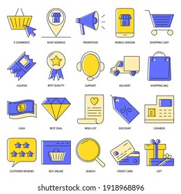 Icono de comercio electrónico establecido en un estilo de línea de color. Colección de símbolos de compras por Internet. Ilustración vectorial de compra en línea.