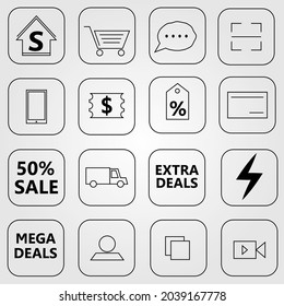 E-commerce icon set consists of icons of shop from home, shopping chart, chat, scan a barcode, phone, coupon, price tag, credit card, sale, delivery, deals, flash sale, account, feed, and live streami