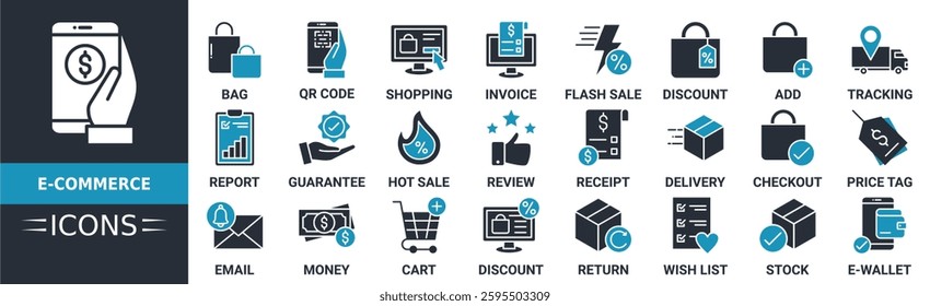 Ecommerce icon set. Containing bag, payment, qr code, shopping, invoice, guarantee, report and more. Solid vector icons collection