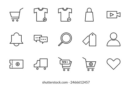 Conjunto de iconos de comercio electrónico. Conteniendo los iconos del pago, de la entrega, de la compra, del Cupón, del bolso, y de la venta al por menor. Colección de iconos finos. Ilustración vectorial.