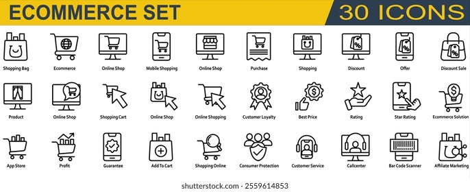 Ecommerce icon set. Containing Shopping Bag,Mobile Shopping,Discount,Customer Loyalty,Best Price,Star Rating,Add To Cart,Consumer Protection,Customer Service and Affiliate Marketing. Line Syle