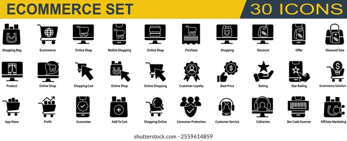Ecommerce icon set. Containing Shopping Bag,Mobile Shopping,Discount,Customer Loyalty,Best Price,Star Rating,Add To Cart,Consumer Protection,Customer Service and Affiliate Marketing. Solid Syle