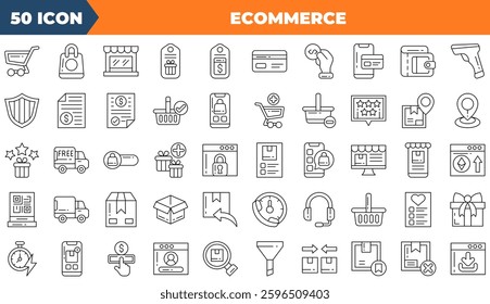 Ecommerce icon set. Containing shopping cart, sale tag, bag,and more. Line vector icons collection.