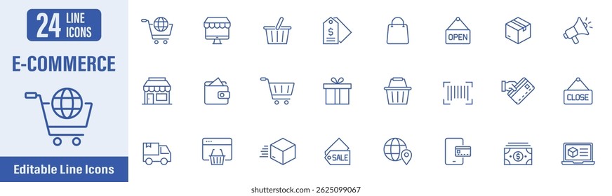 E-commerce icon set. Contains icons as shopping cart, online shopping, mobile shop, delivery and more. Vector illustration.
