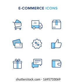 E-commerce icon set. Contains such icons as Cart, Delivery, Package Box, Card, Sale, Thumb Up, Gift Box, Reviews and Wallet