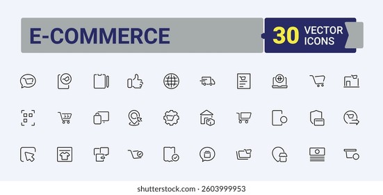 E-Commerce icon set. It contains symbols to commerce, ad, service, business, market, promotion and more. Online Sales icon set. Modern thin line style icons. Vector illustration.