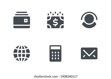 E-Commerce Symbol mit Kreditkarte, Zahlung, Kunde, Internet, Umschlag und Taschenrechner Symbol gesetzt. Solider Stil