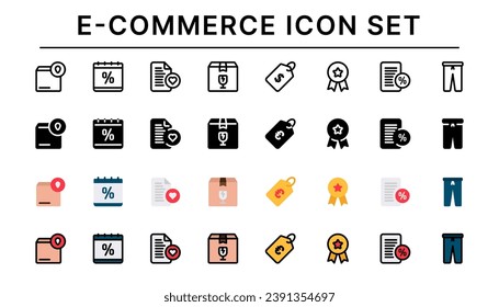 E-commerce icon set, Set of delivery box, calendar, fragile, price tag and more
