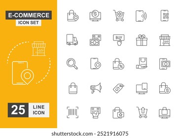 Conjunto de iconos de comercio electrónico. Entrega, compras, mercado, pago y más icono de línea.