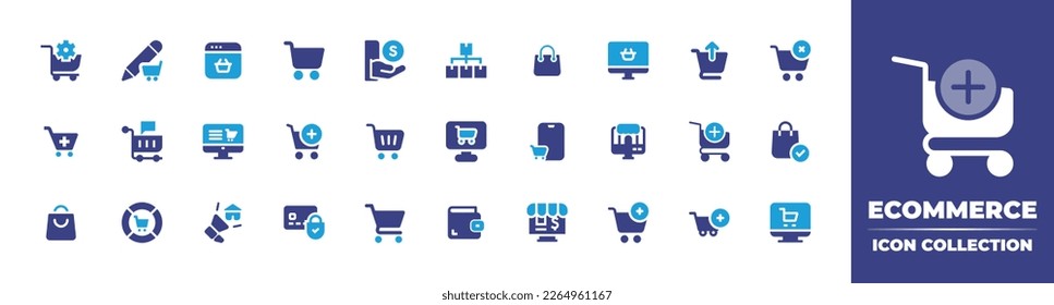 Ecommerce icon set. Duotone color. Vector illustration. Containing ecommerce, e commerce, cart, money, distribution, shopping bag, shopping, return, cancle, add cart, add to cart, shopping cart.