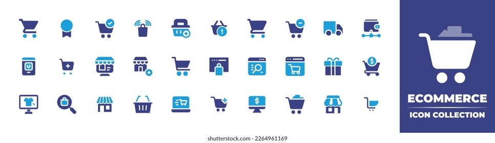 Ecommerce icon set. Duotone color. Vector illustration. Containing cart, badge, ecommerce, online shop, e commerce, basket, shopping cart, minus cart, truck, wallet, online shopping, store.