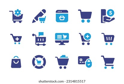 Ecommerce icon set. Duotone color. Vector illustration. Containing ecommerce, e commerce, cart, money, add cart, add to cart, shopping cart, shopping bag, pie chart, secure payment, grocery store.