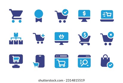 Ecommerce icon set. Duotone color. Vector illustration. Containing cart, badge, ecommerce, check out, distribution, shopping, shopping cart, cancle, buy online, purchase, search engine, shopping bag.