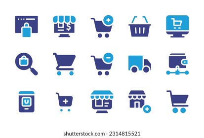 Ecommerce icon set. Duotone color. Vector illustration. Containing ecommerce, store, add to cart, shopping basket, product, shopping cart, minus cart, truck, wallet, online shopping.