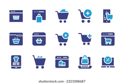 E-Commerce icon set. Duotone color. Vector illustration. Containing shop, ecommerce, add to cart, online shopping, cart, buying, web page, laptop. 