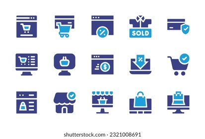 Conjunto de iconos de E-Commerce. Color de duotona. Ilustración vectorial. Conteniendo compras en línea, ecommerce, descuento, venta, pago seguro, comercio electrónico, tienda oficial, tienda en línea, tienda en línea. 