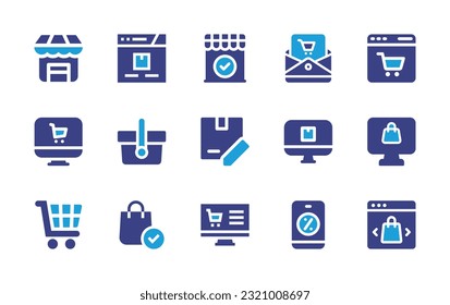 E-Commerce icon set. Duotone color. Vector illustration. Containing shop, web, email, ecommerce, computer, basket, edit, online shopping, cart, shopping bag, smartphone, choose. 