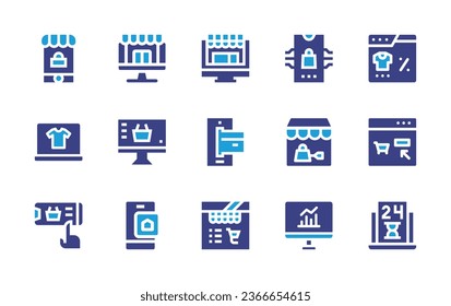Conjunto de iconos de Ecommerce. Color de duotona. Ilustración vectorial. Conteniendo ecommerce, compras online, tienda online, pago móvil, análisis de datos, compra online, tiempo limitado, venta flash, compras online.
