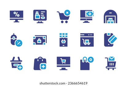 Ecommerce icon set. Duotone color. Vector illustration. Containing ecommerce, shopping basket, warehouse, online payment, money, online, discount, vape, online shopping, empty cart, shopping cart.