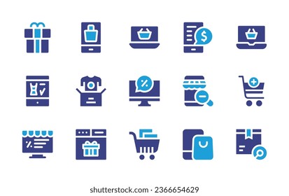 Conjunto de iconos de Ecommerce. Color de duotona. Ilustración vectorial. Conteniendo regalos, compras, pago en línea, compras en línea, carrito de compras, entrega, ciberlunes, descuento.