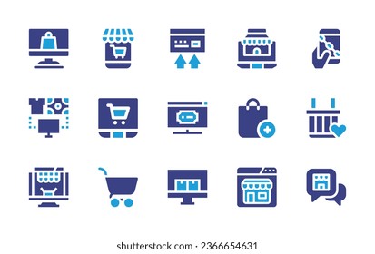 Ecommerce icon set. Duotone color. Vector illustration. Containing ecommerce, shopping cart, ticket, online order, shopping bag, online store, shopping basket, question, online shopping, online shop.