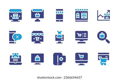 Ecommerce icon set. Duotone color. Vector illustration. Containing profit, product, smartphone, online shopping, online marketing, online order, online shop, mobile store, broswer, ecommerce, laptop.