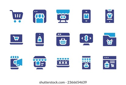 Ecommerce icon set. Duotone color. Vector illustration. Containing shopping cart, web, online pharmacy, shipping, online shopping, ecommerce, advertisement, skate, folder.