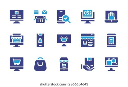 Ecommerce icon set. Duotone color. Vector illustration. Containing shopping basket, computer, online shopping, payment, online shop, online trading, receipt, smartphone, shopping, market, shopping bag