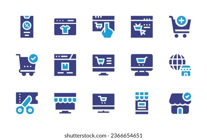 Conjunto de iconos de Ecommerce. Color de duotona. Ilustración vectorial. Conteniendo compras en línea, carrito de compras, descuento en línea, compras, ecommerce, tienda oficial, orden, web, cupón, tienda online, compras.