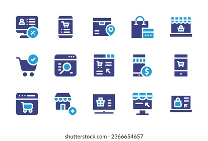 Ecommerce icon set. Duotone color. Vector illustration. Containing location, online shop, shopping bag, online store, ecommerce, search engine, online shopping, store, shopping cart, purchase, mobile.