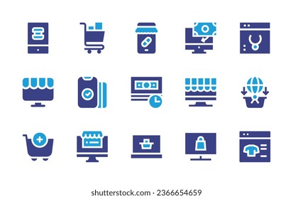 Ecommerce icon set. Duotone color. Vector illustration. Containing pharmacy, payment, online shopping, jewelry, add to basket, menu, shop, shopping cart, payment. 