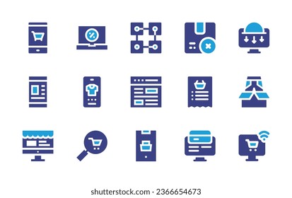 Ecommerce icon set. Duotone color. Vector illustration. Containing cancel, shopping list, low sales, clothes, online shopping, online shop, sale, bitcoin, website, online payment, monitor, commerce.