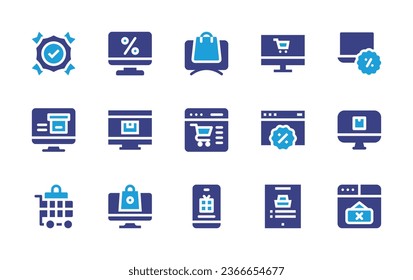Ecommerce icon set. Duotone color. Vector illustration. Containing online store, online shopping, online shop, web, laptop, quality control, delivery, shopping cart, close, smartphone.