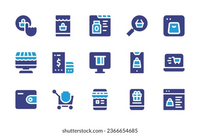 Ecommerce icon set. Duotone color. Vector illustration. Containing online shop, ecommerce, online store, check out, wallet, online shopping, monitor, shopping cart, gift.