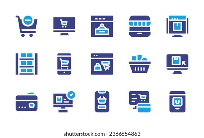 Ecommerce icon set. Duotone color. Vector illustration. Containing basket, online shopping, online shop, ecommerce, rack, phone, credit card, sale, online store, webpage, shopping cart.