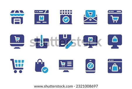 E-Commerce icon set. Duotone color. Vector illustration. Containing shop, web, email, ecommerce, computer, basket, edit, online shopping, cart, shopping bag, smartphone, choose. 