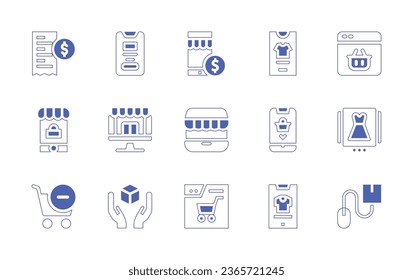 Ecommerce icon set. Duotone style line stroke and bold. Vector illustration. Containing ecommerce, bill, smartphone, mobile store, remove cart, handle with care, online store, online shop, product.