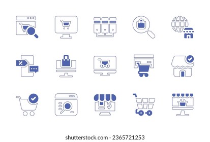 Ecommerce icon set. Duotone style line stroke and bold. Vector illustration. Containing server, product, ecommerce, marketing online, official store, searching, online shopping, discount, search.