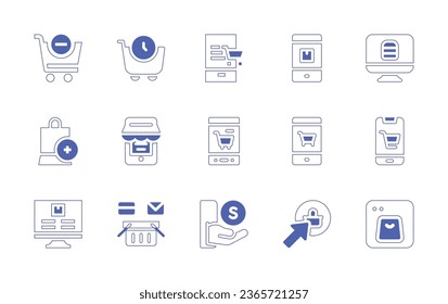 Ecommerce icon set. Duotone style line stroke and bold. Vector illustration. Containing delivery box, website, online shop, shopping cart, online shopping, mobile shopping, money, buy, bag, computer.