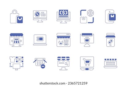 Ecommerce icon set. Duotone style line stroke and bold. Vector illustration. Containing online shopping, online pharmacy, online discount, payment, coupon, online shop, bags, worldwide, smartphone.