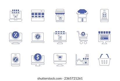 Ecommerce icon set. Duotone style line stroke and bold. Vector illustration. Containing smartphone, online shop, unboxing, online shopping, broswer, profit, shopping basket, computer, discount, trade.