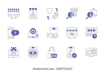 Ecommerce icon set. Duotone style line stroke and bold. Vector illustration. Containing mobile shop, buy, online shop, shop, shopping bag, smartphone, laptop, online marketing, payment, online booking