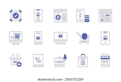 Ecommerce icon set. Duotone style line stroke and bold. Vector illustration. Containing quality control, delivery, online shopping, smartphone, online store, list, package, shopping cart, website.