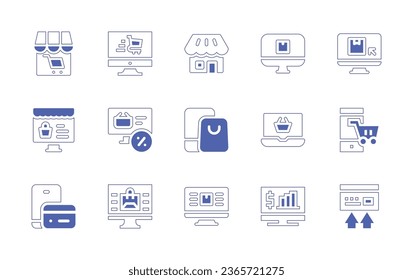 Ecommerce icon set. Duotone style line stroke and bold. Vector illustration. Containing shopping cart, online shopping, ecommerce, store, online shop, shopping online, payment, delivery, pc, transfer.