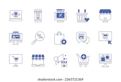 Ecommerce icon set. Duotone style line stroke and bold. Vector illustration. Containing book, online shop, marketplace, search, cyber monday, shopping bag, online store, shopping online, shopping.