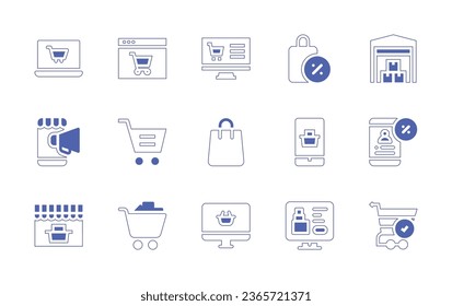 Ecommerce icon set. Duotone style line stroke and bold. Vector illustration. Containing online shop, online shopping, shopping cart, shopping bag, ecommerce, advertisement, warehouse, order food.