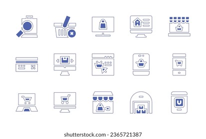 Ecommerce icon set. Duotone style line stroke and bold. Vector illustration. Containing ecommerce, shopping cart, search, basket, credit card, online shop, online shopping, online store, warehouse.