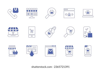 Ecommerce icon set. Duotone style line stroke and bold. Vector illustration. Containing customer support, online store, online shop, shopping cart, online shopping, ecommerce, commerce, mobile store.