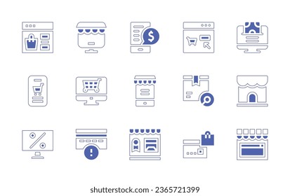 Ecommerce icon set. Duotone style line stroke and bold. Vector illustration. Containing online payment, payment method, buy online, online shopping, online store, search, payment, discount, card.